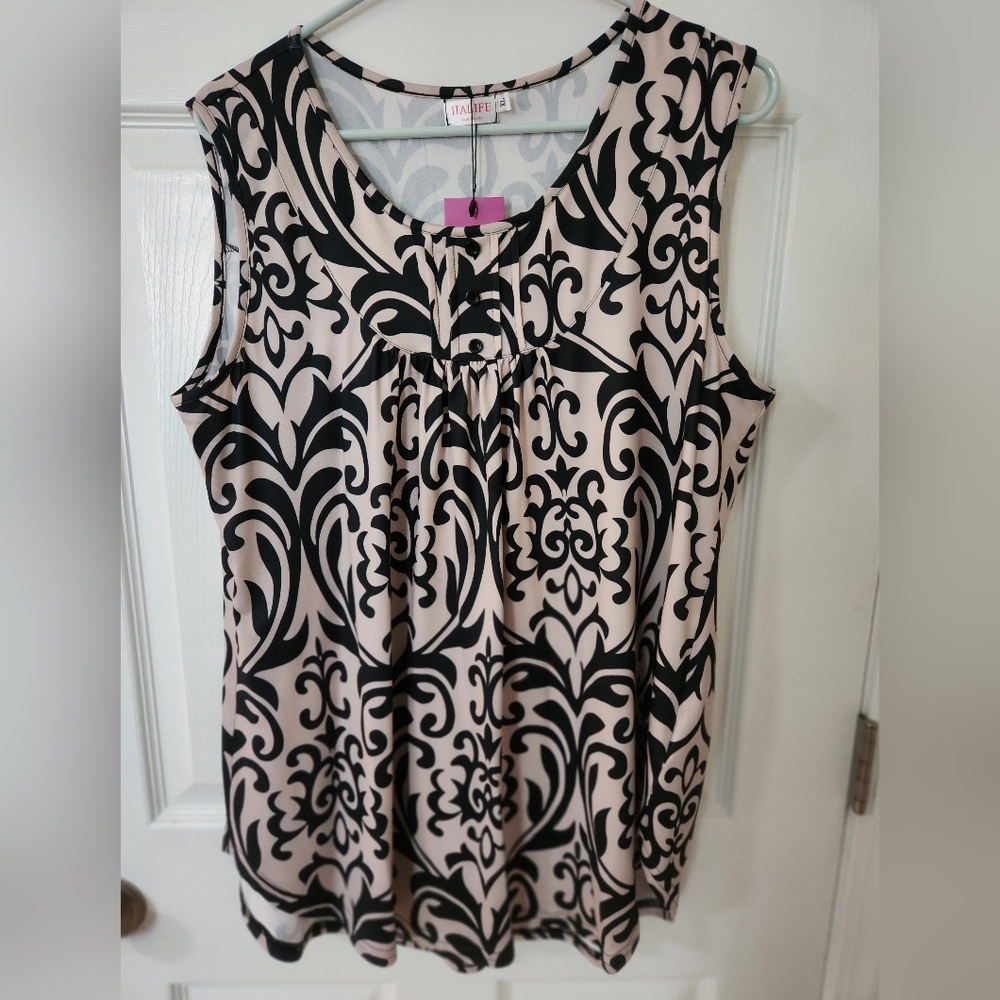 Halife Women's Sleeveless Pleated Top Paisley Beige/Black Size XL NWT